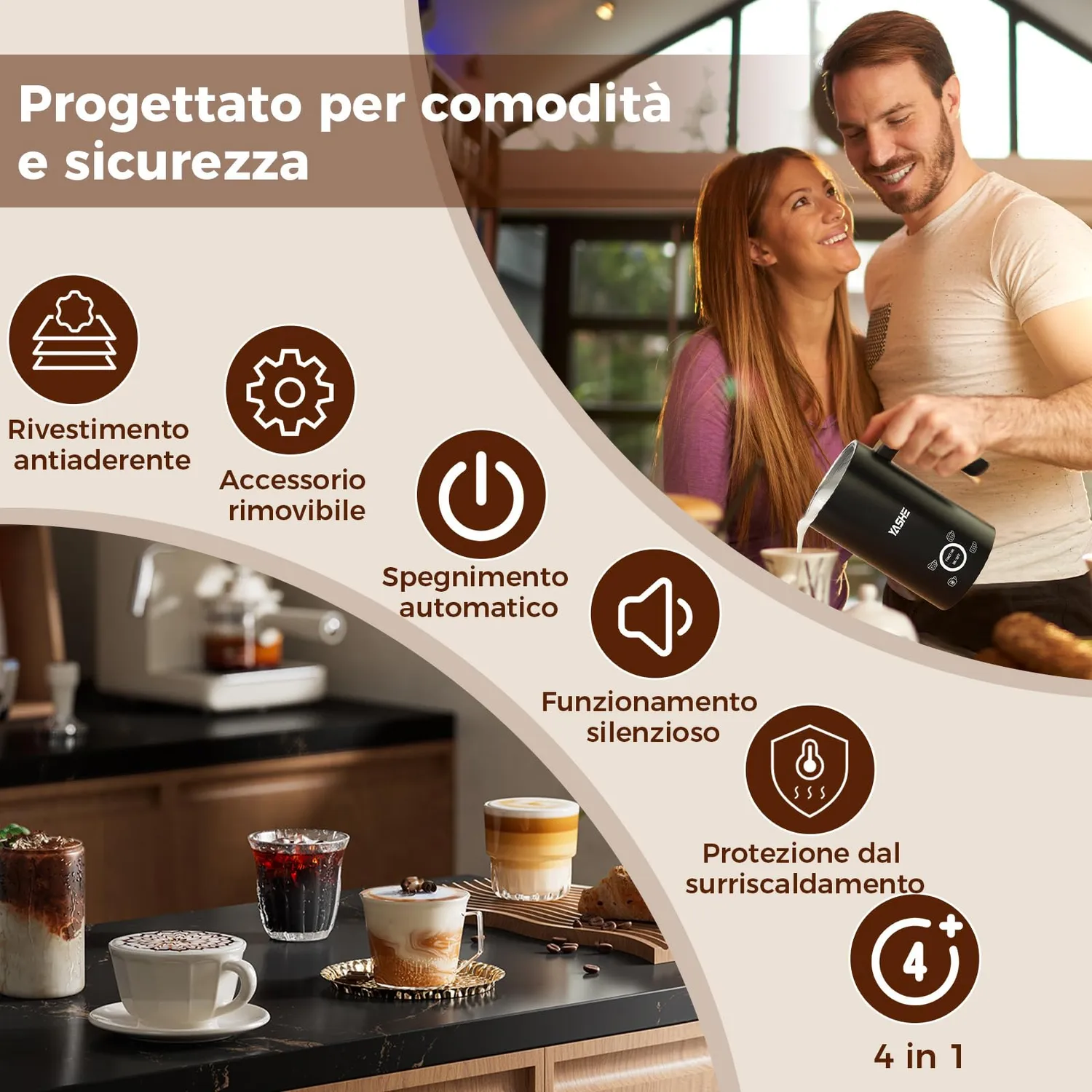 YASHE Montalatte Elettrico 4-in-1 300ml Schiuma Calda Fredda