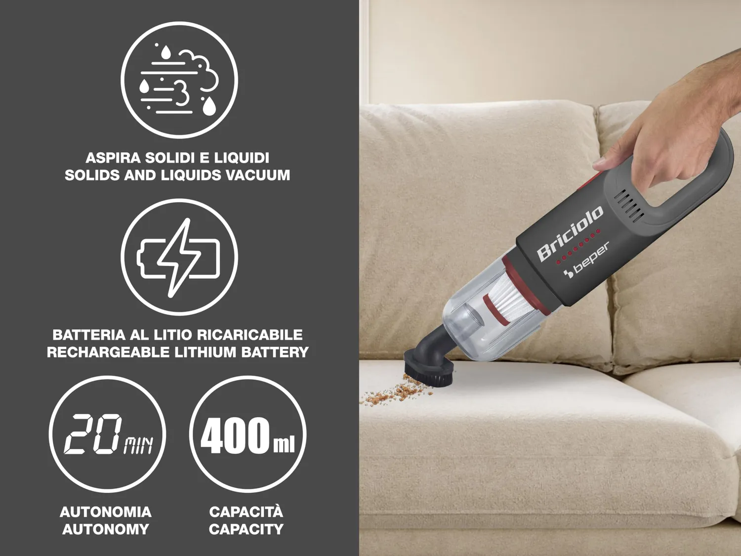 Beper P202ASP401 Aspirabriciole Senza Fili 400 ml Ricaricabile