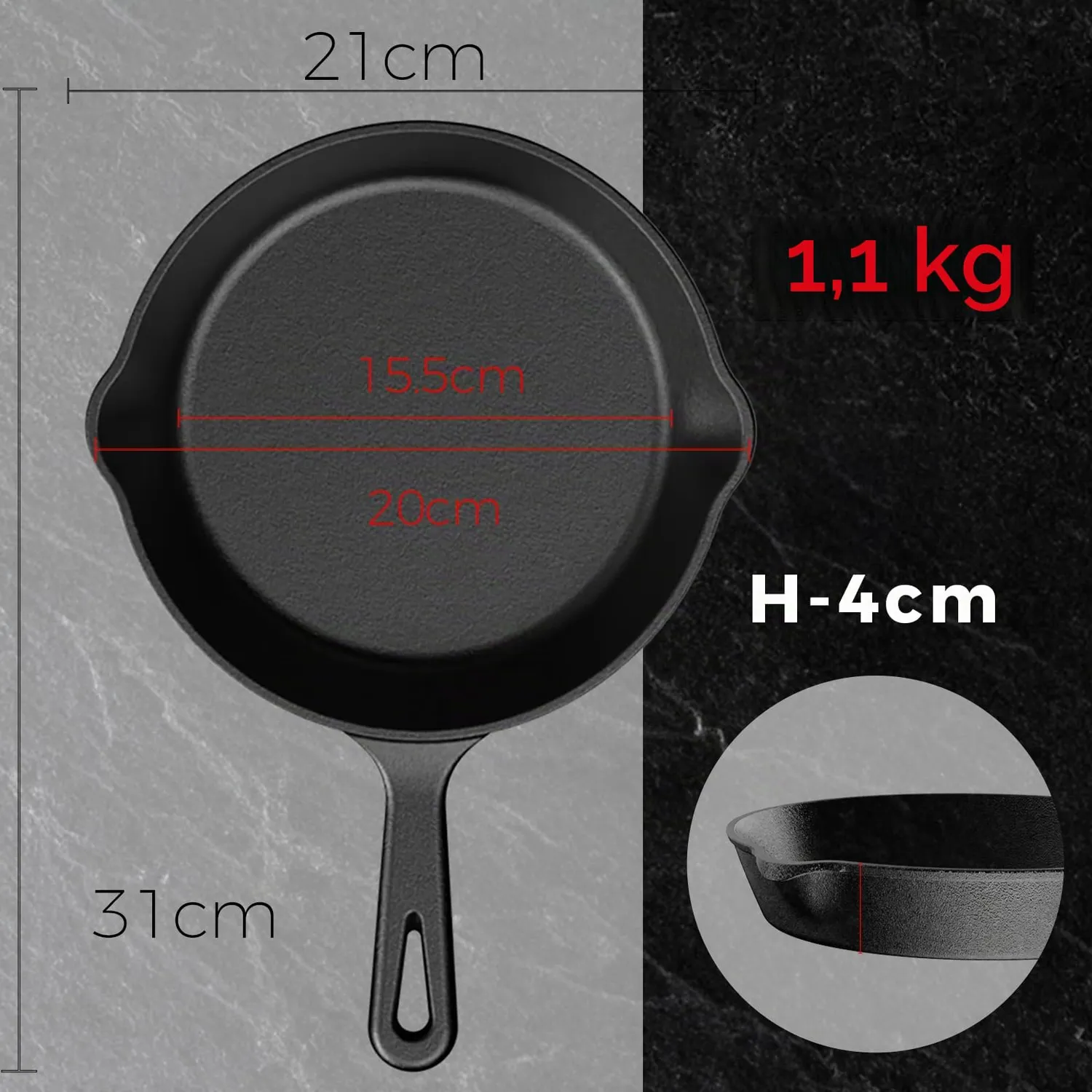 YASHE Padella in Ghisa 20cm con Manico per Forno e Induzione