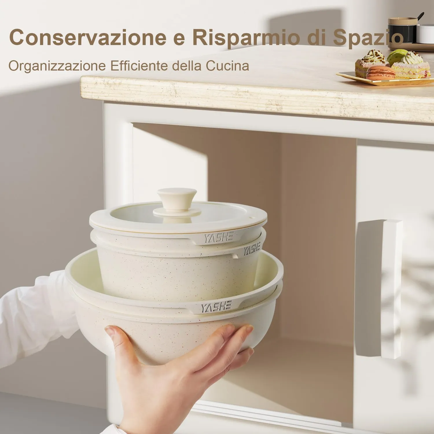 YASHE set 13 pentole e padelle antiaderenti manico staccabile crema