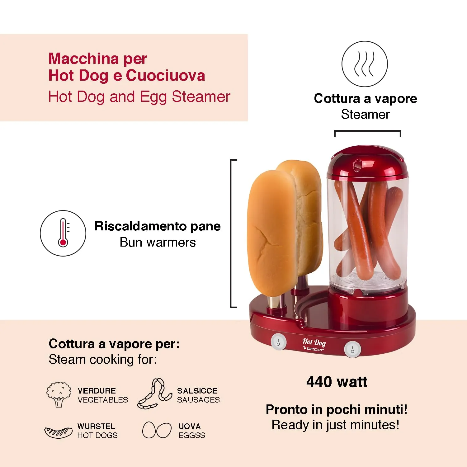 Beper P101CUD502 macchina hot dog e cuociuova 3in1 440W