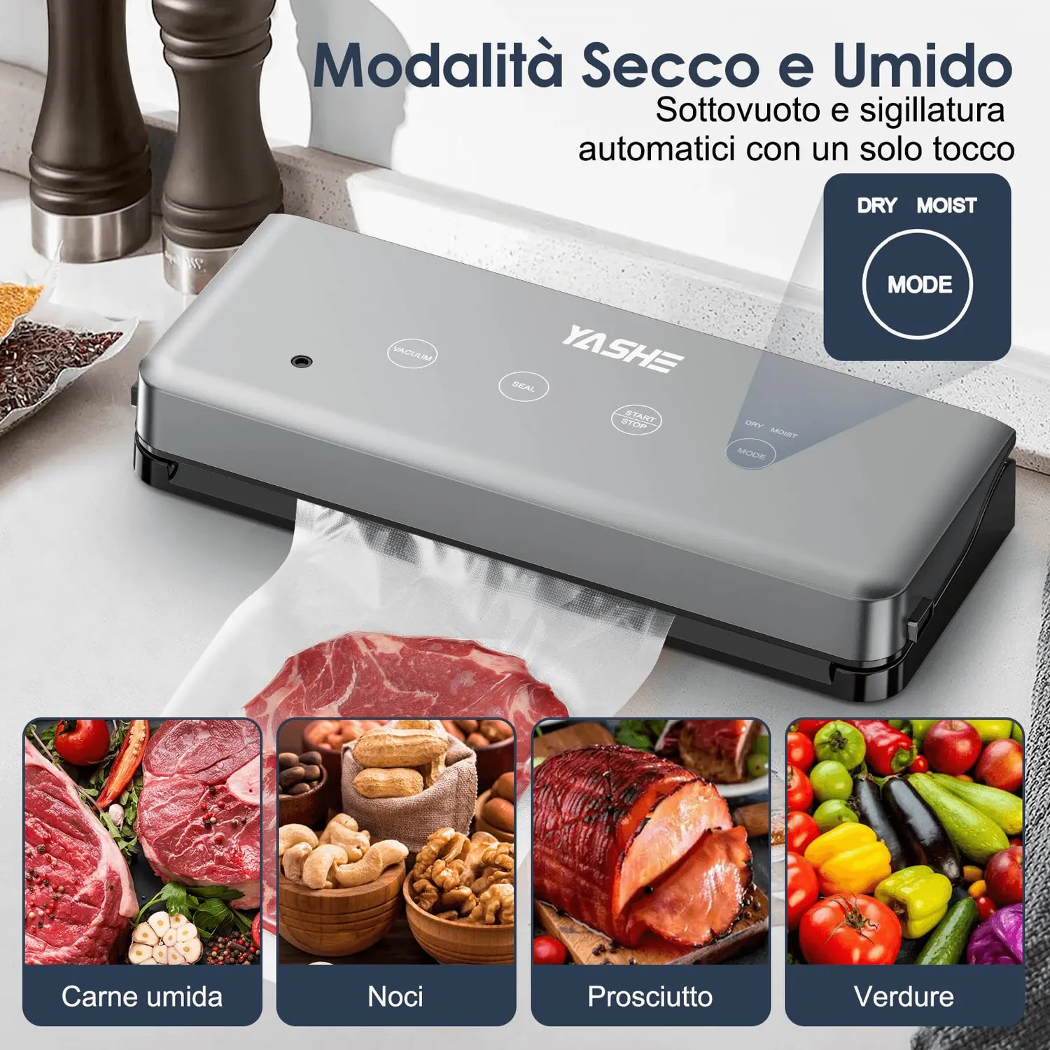 YASHE Macchina Sottovuoto Alimenti 5 in 1 Secco e Umido