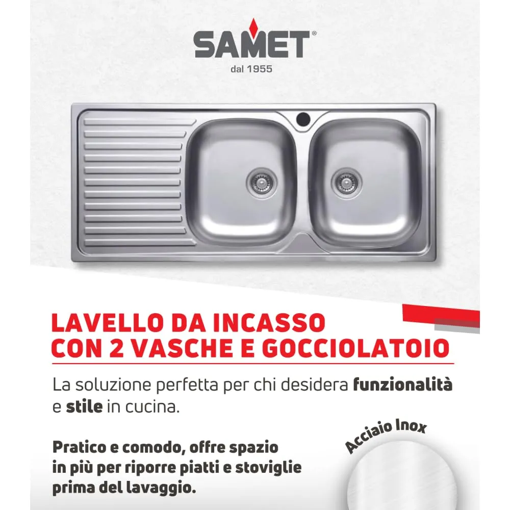 Samet Lavello Incasso 2 Vasche Acciaio 116x50 Gocciolatoio Sx