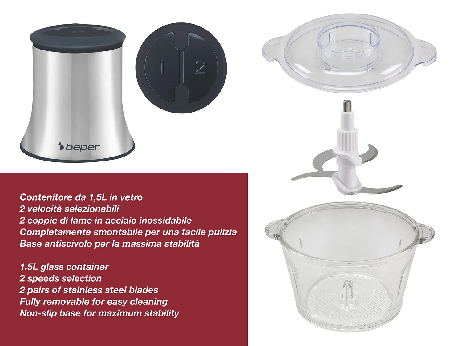 Beper P102ROB001 Tritatutto Vetro 1,5L 2 velocità