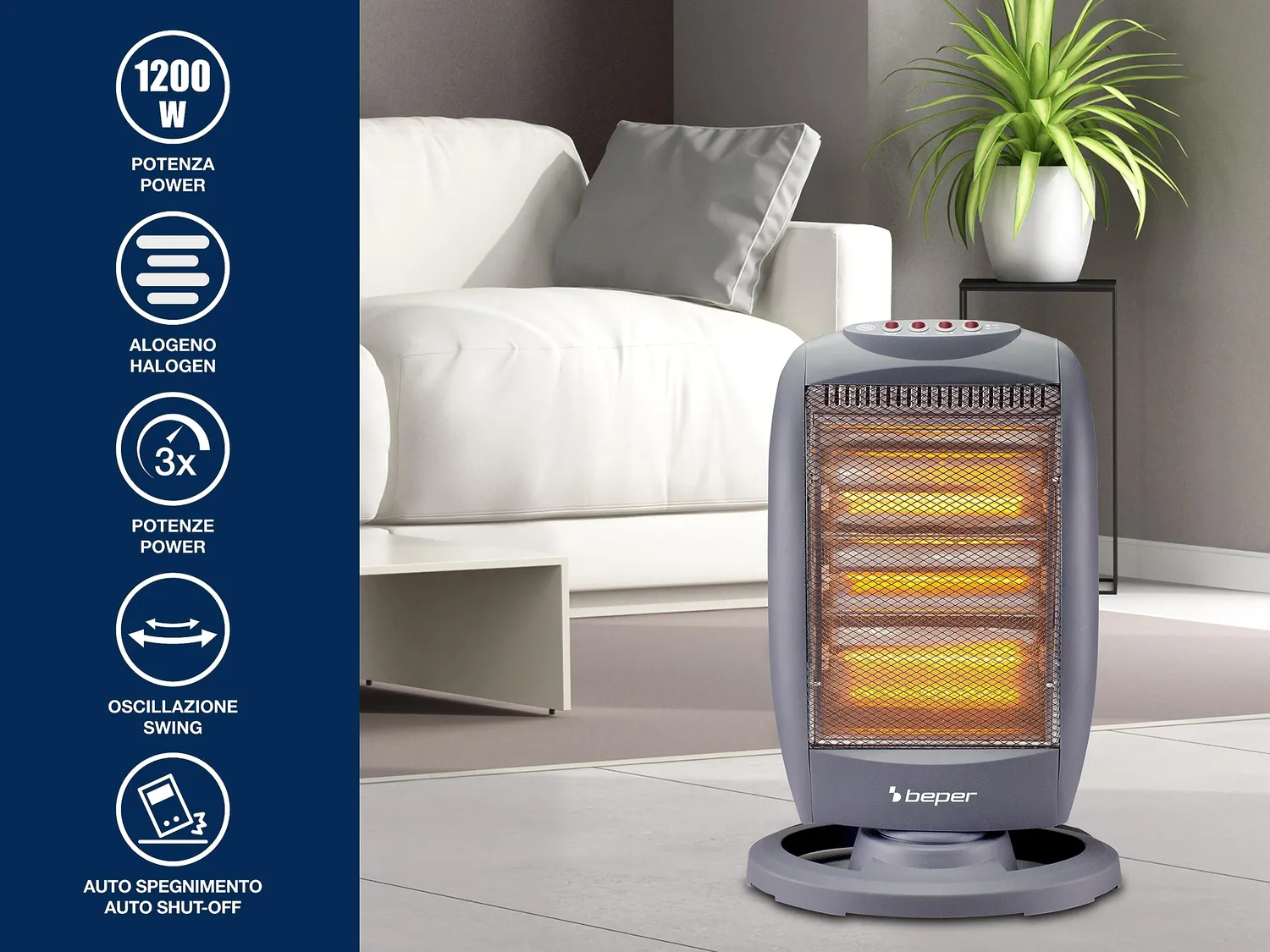 Beper P203PAN011 Pannello Radiante Alogeno 1200W Oscillante