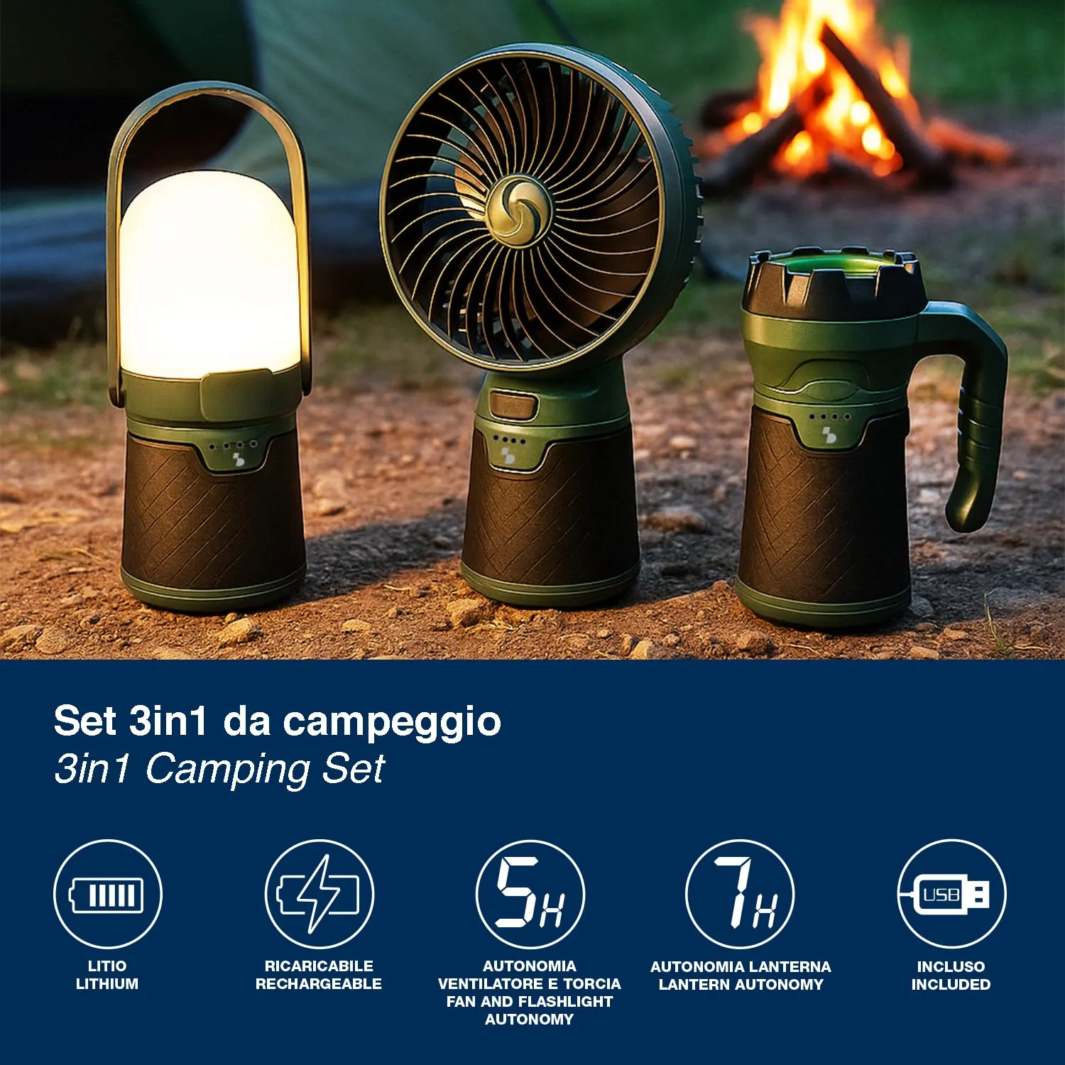 Beper P207ILO900 Set Campeggio 3 in 1 Ricaricabile
