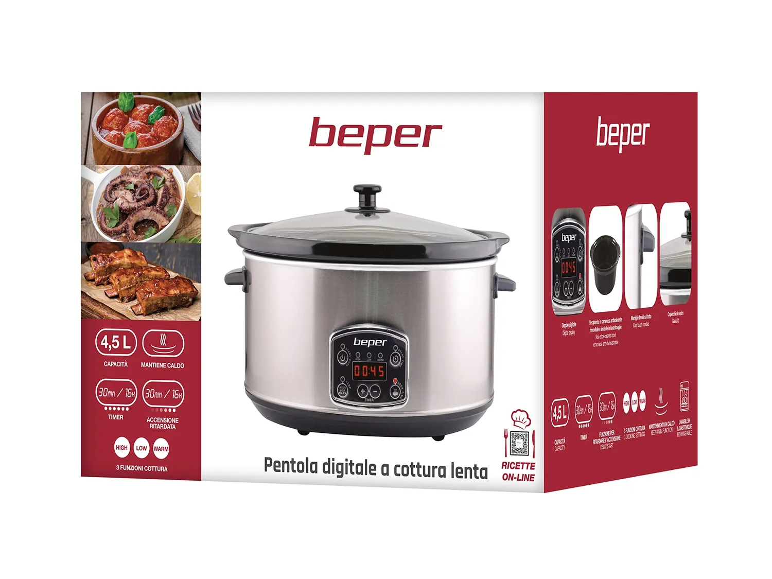 Beper BC.510 Slow Cooker 4,5L Digitale Timer 16 Ore