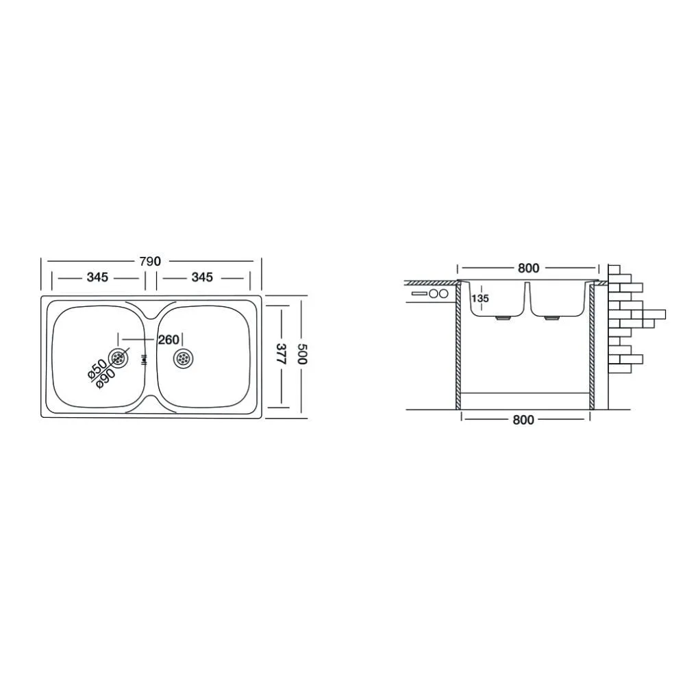 Samet lavello incasso due vasche acciaio inox 79x50 cm satinato