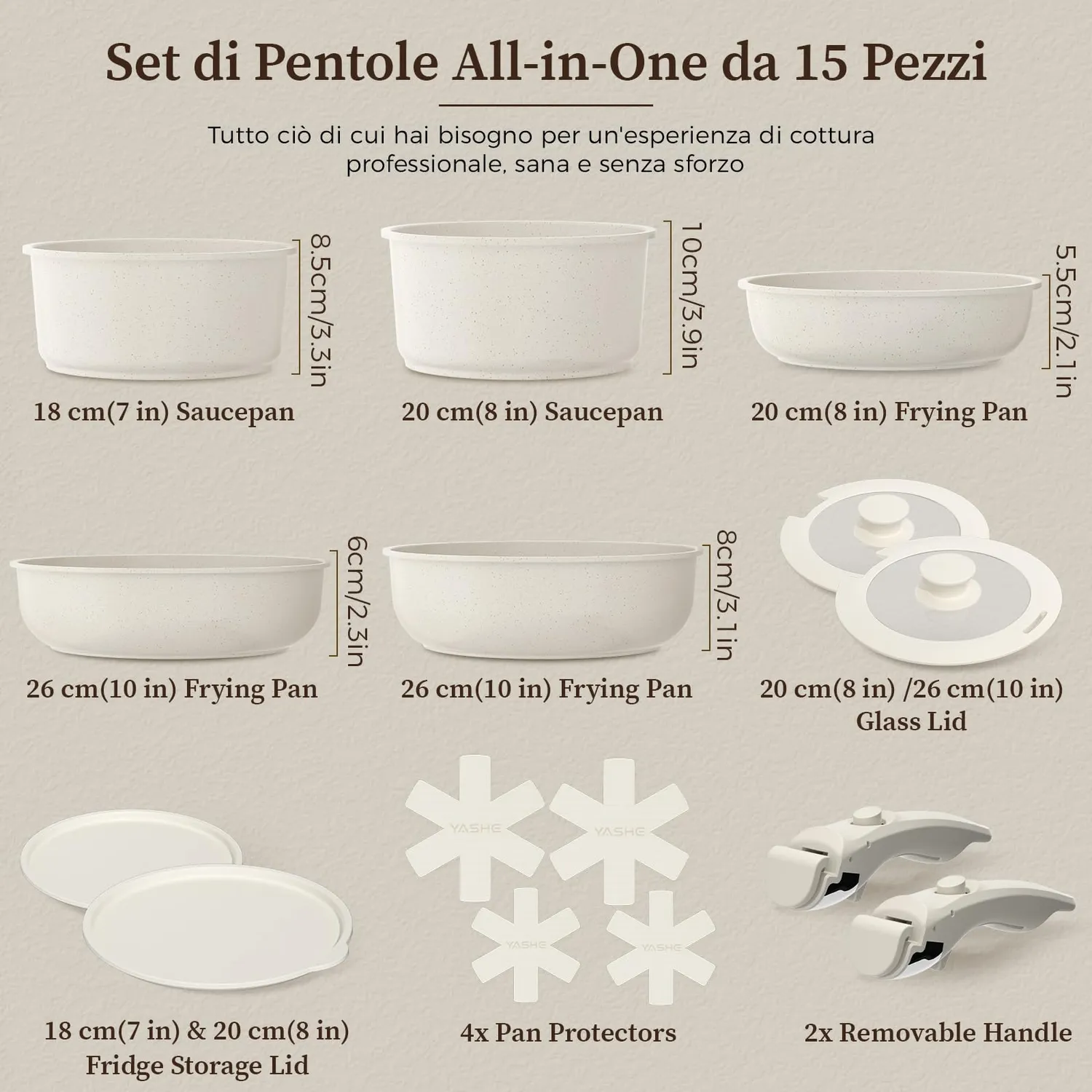 YASHE batteria pentole induzione 15 pezzi bianco atossica