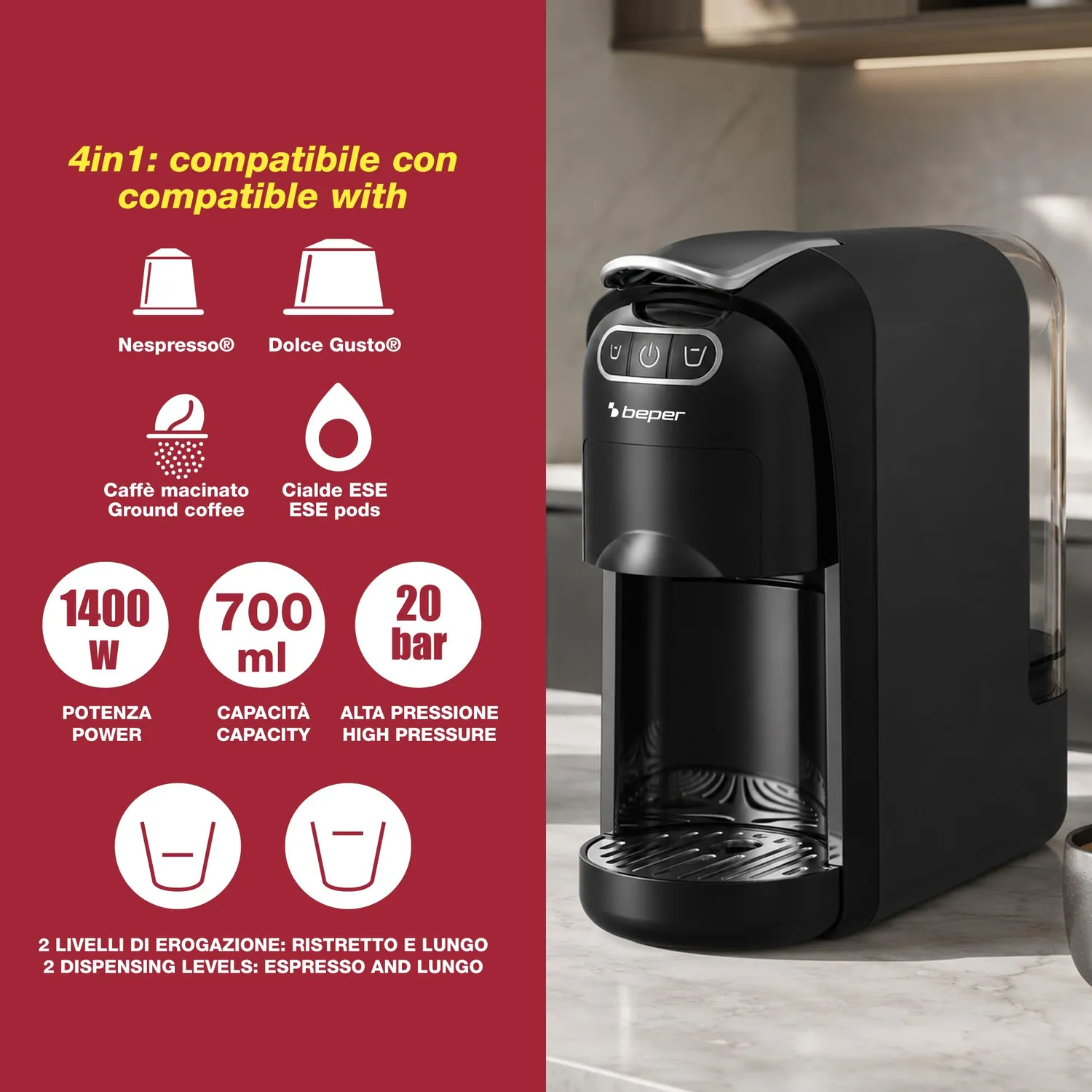 Beper Amata P101CAF200 macchina caffè 4 in 1 20 bar