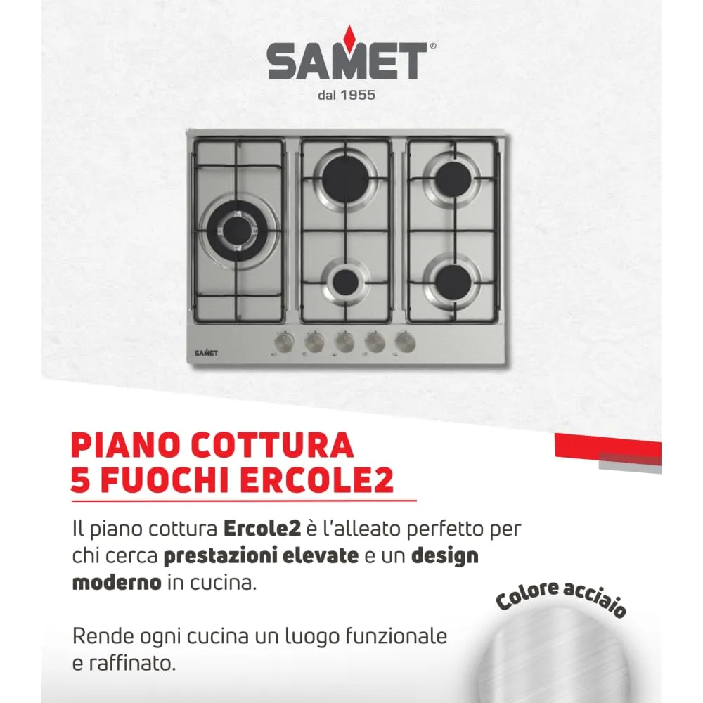 Samet Ercole2 piano cottura gas 5 fuochi 70 cm inox