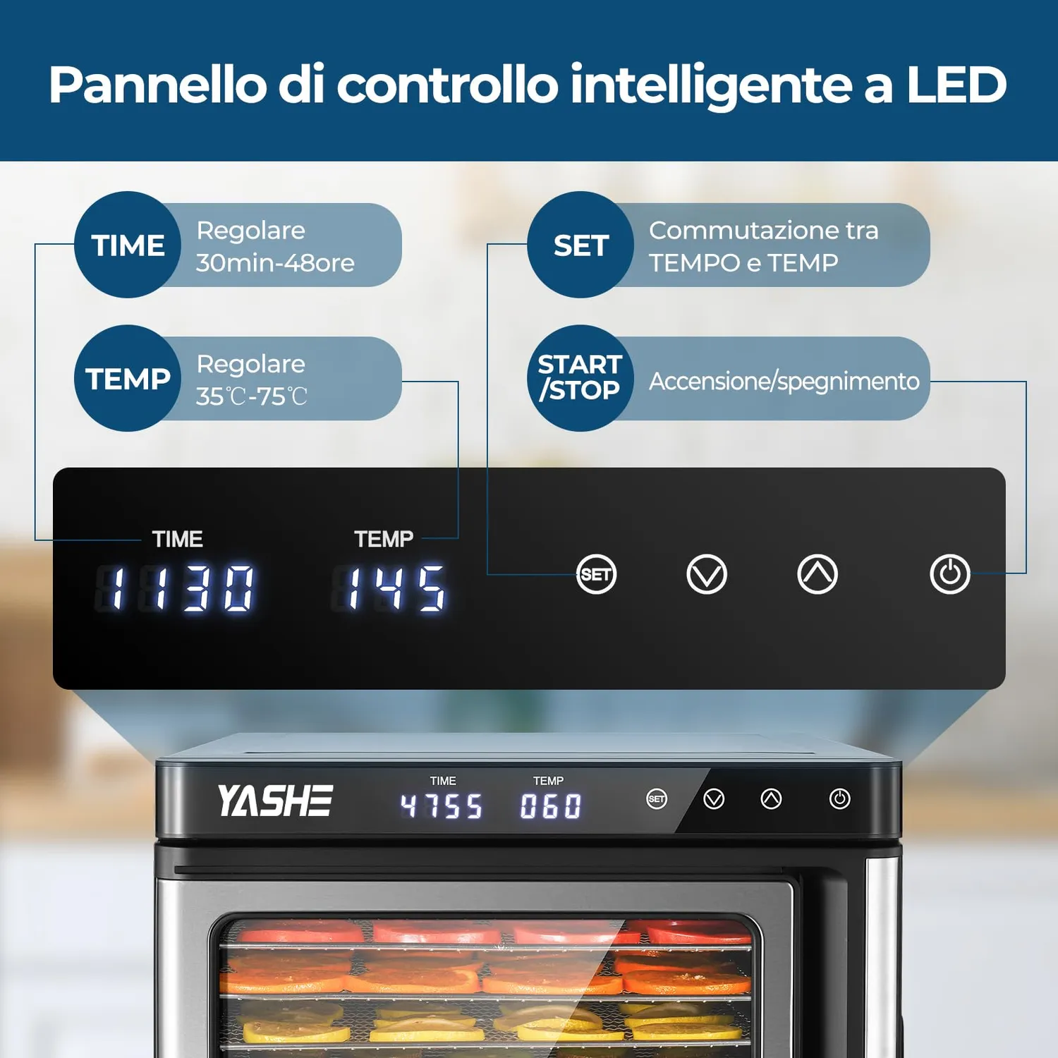 YASHE essiccatore alimentare 9 vassoi inox 1000W