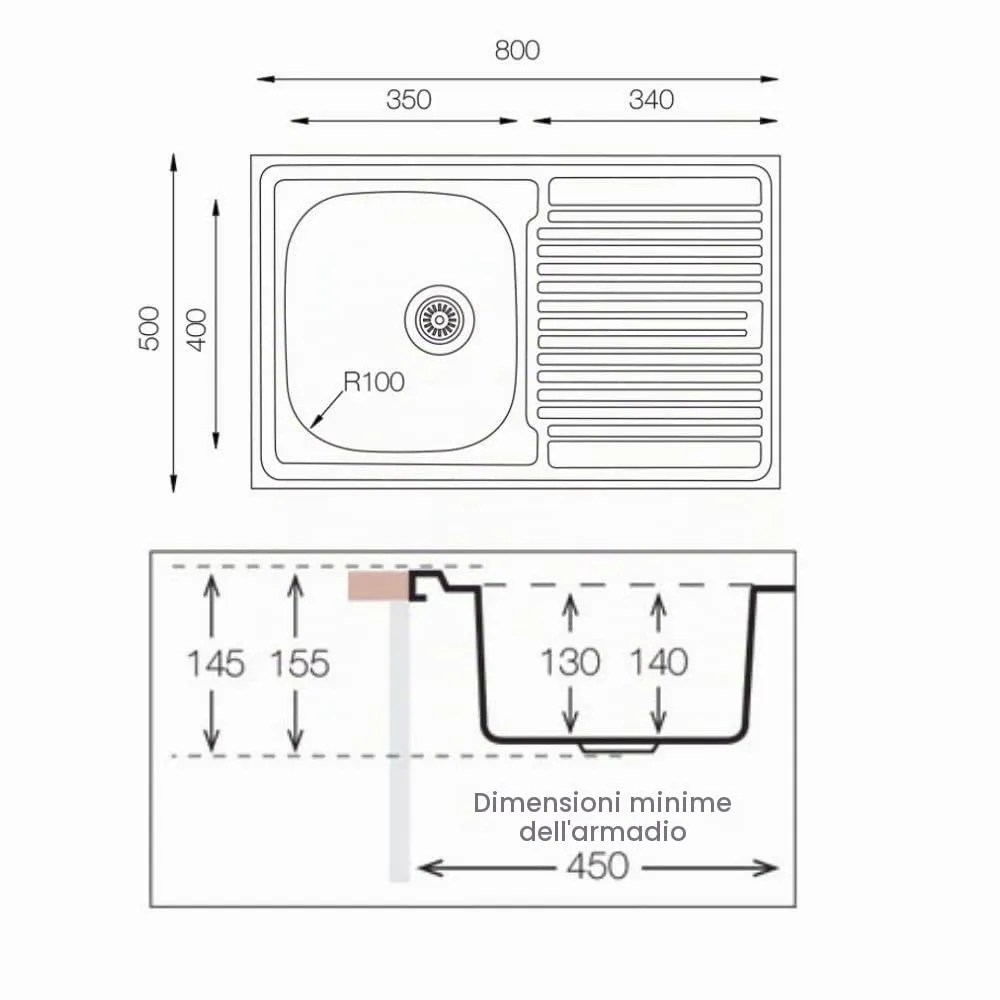 Samet SA216 lavello appoggio 80x50 inox gocciolatoio destro