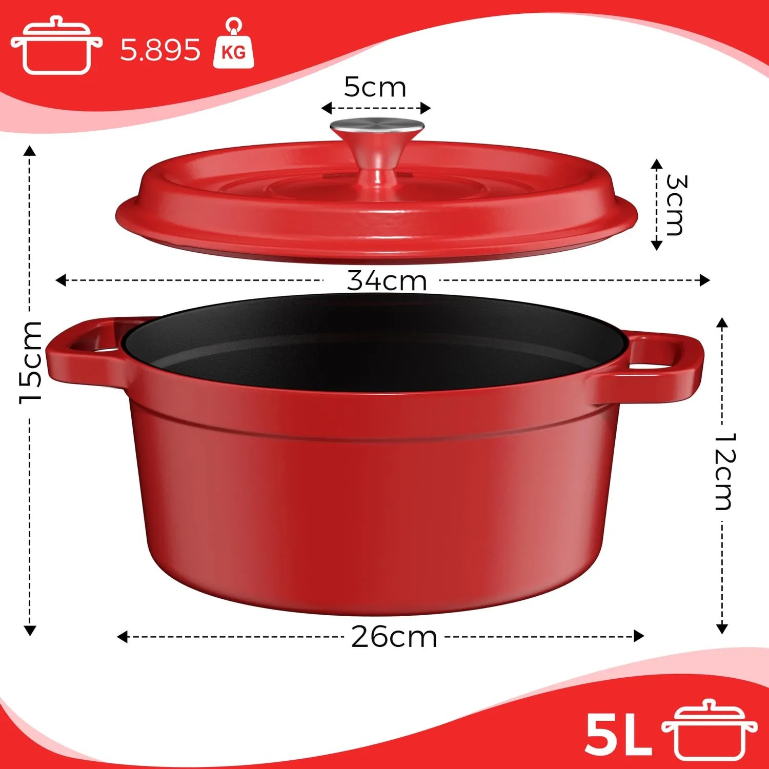 Yashe Pentola Ghisa Smaltata 5 L Rossa con Coperchio