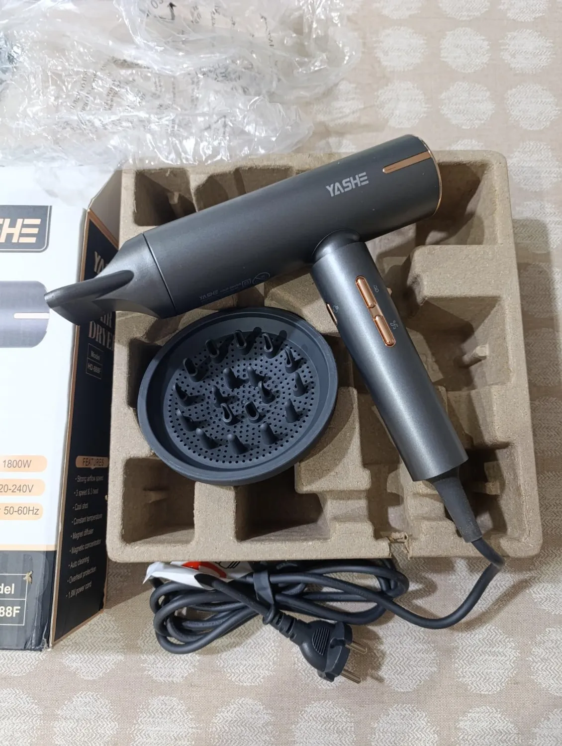 Yashe Asciugacapelli Ionico 1800W con Diffusore