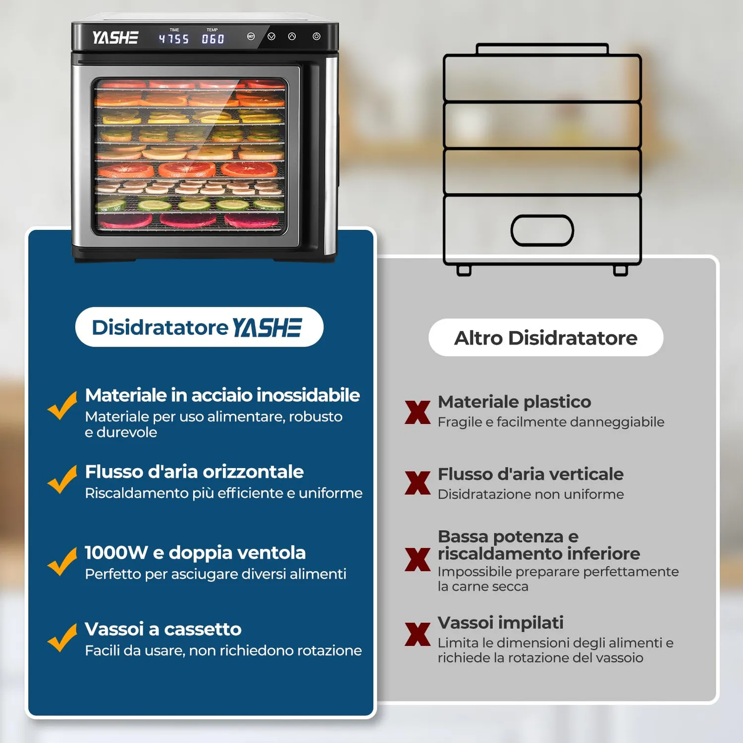 YASHE essiccatore alimentare 9 vassoi inox 1000W