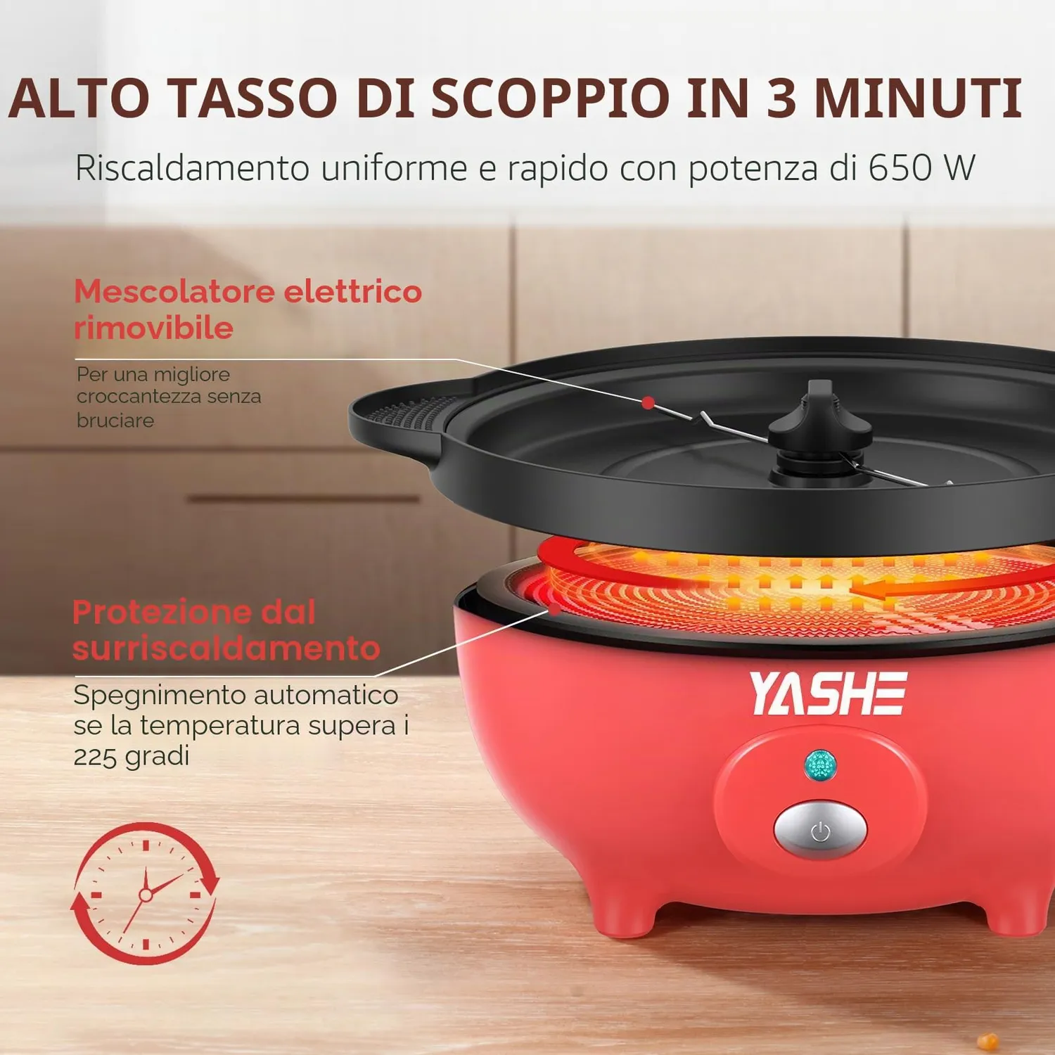 YASHE Macchina Popcorn Elettrica 650W Ciotola 3L Antiaderente