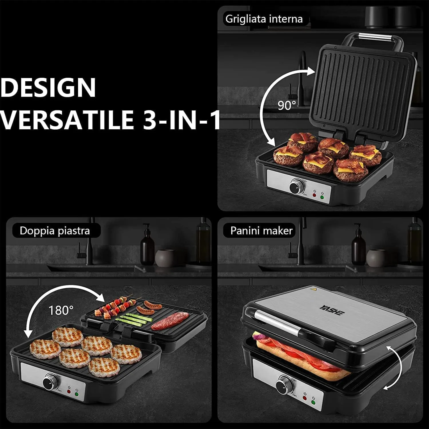 Yashe Tostapane Piastra Panini 4 Fette Argento 1800W