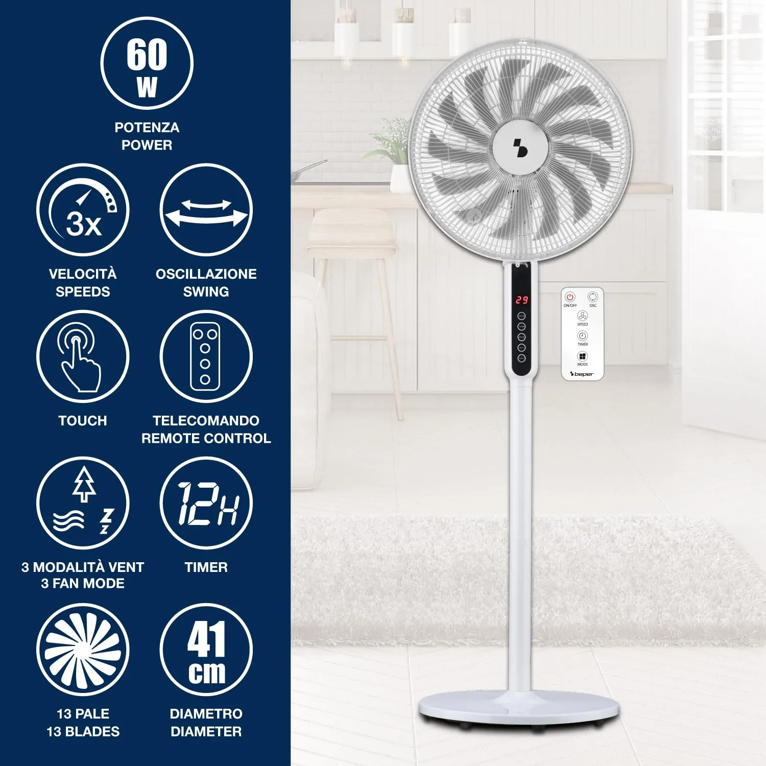 Beper P206VEN154 Ventilatore a Piantana 13 Pale 41 cm Telecomando