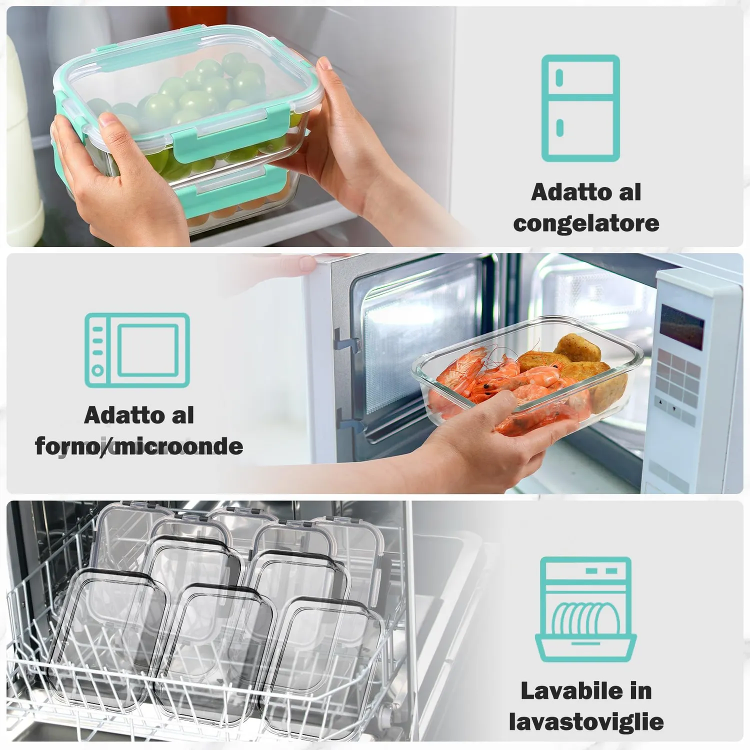 YASHE Set 10 Contenitori Vetro Alimenti 1040+370 ml Verde Ermetici
