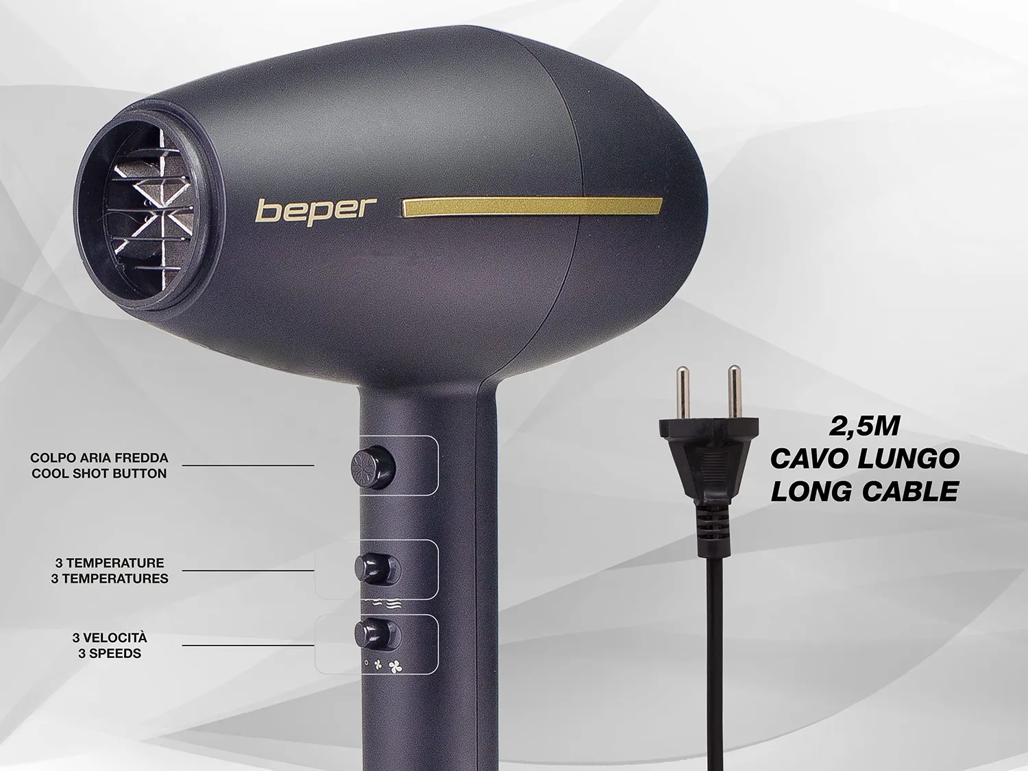 Beper Asciugacapelli Professionale 2400W Nero Oro Ionico