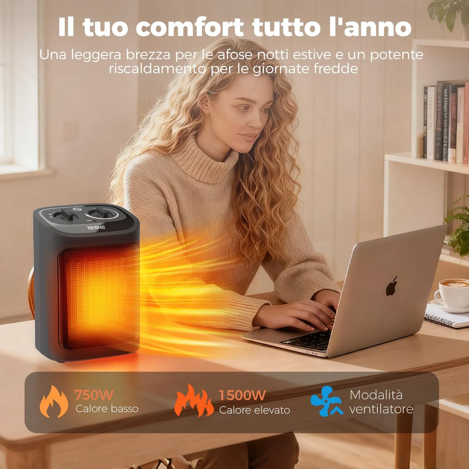 YASHE Stufa Elettrica Ceramica PTC 1500W 3 Modalità