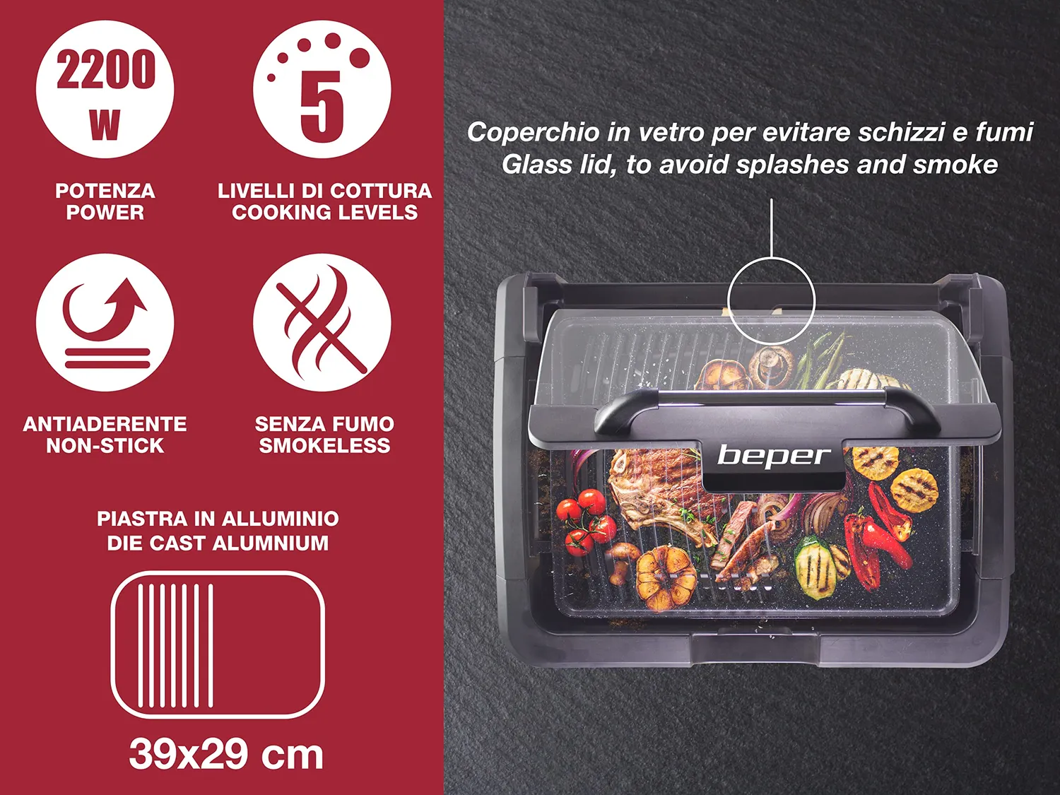 Beper 90.871 Barbecue Elettrico 2200 W con Coperchio