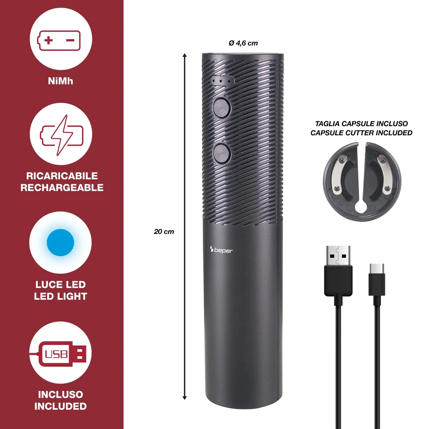 Beper P102ACP103 cavatappi elettrico Modello 2026 USB ricaricabile