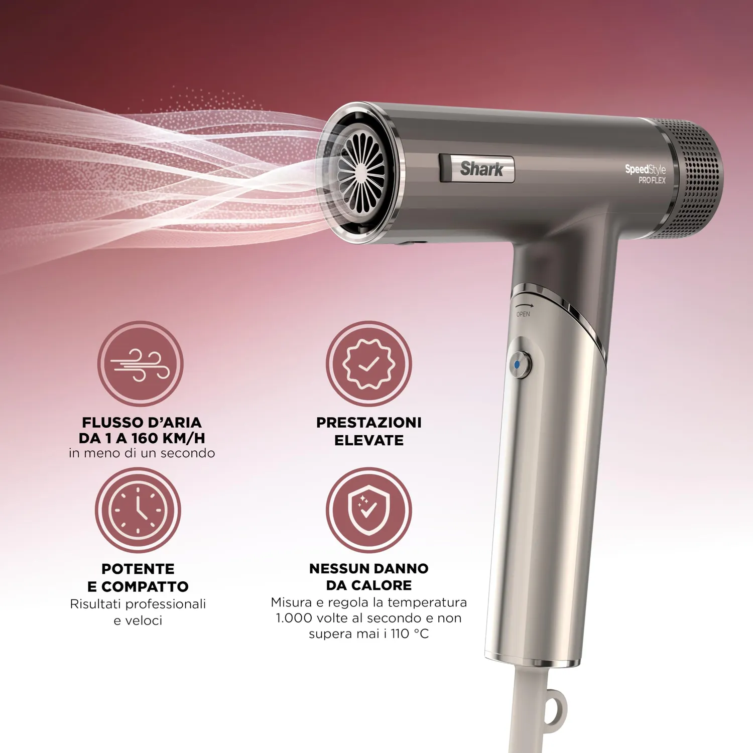 Shark SpeedStyle Pro Flex phon pieghevole 4 accessori argento