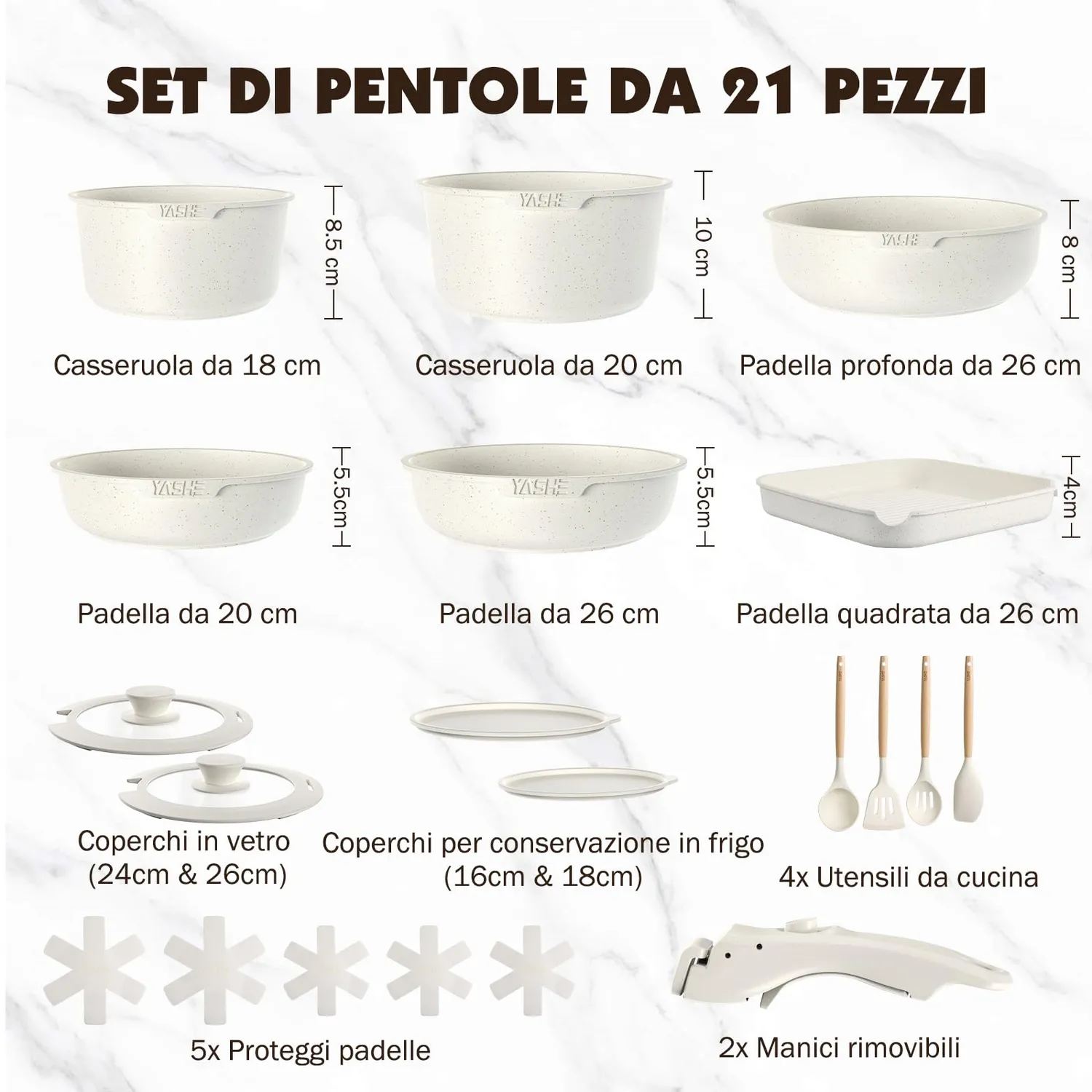 Yashe Batteria Pentole Induzione 21 Pezzi con Bistecchiera