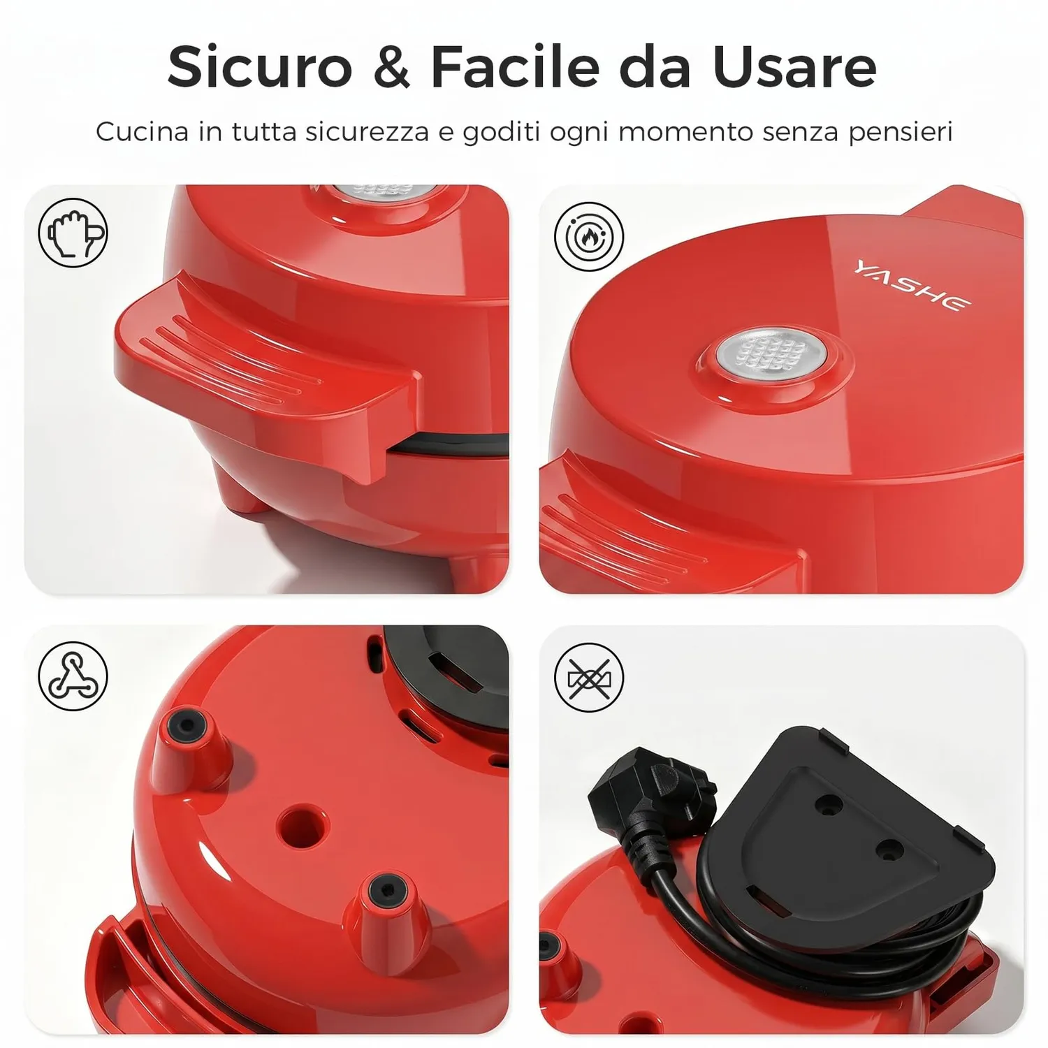 Yashe mini piastra waffle 550W rossa 10cm antiaderente