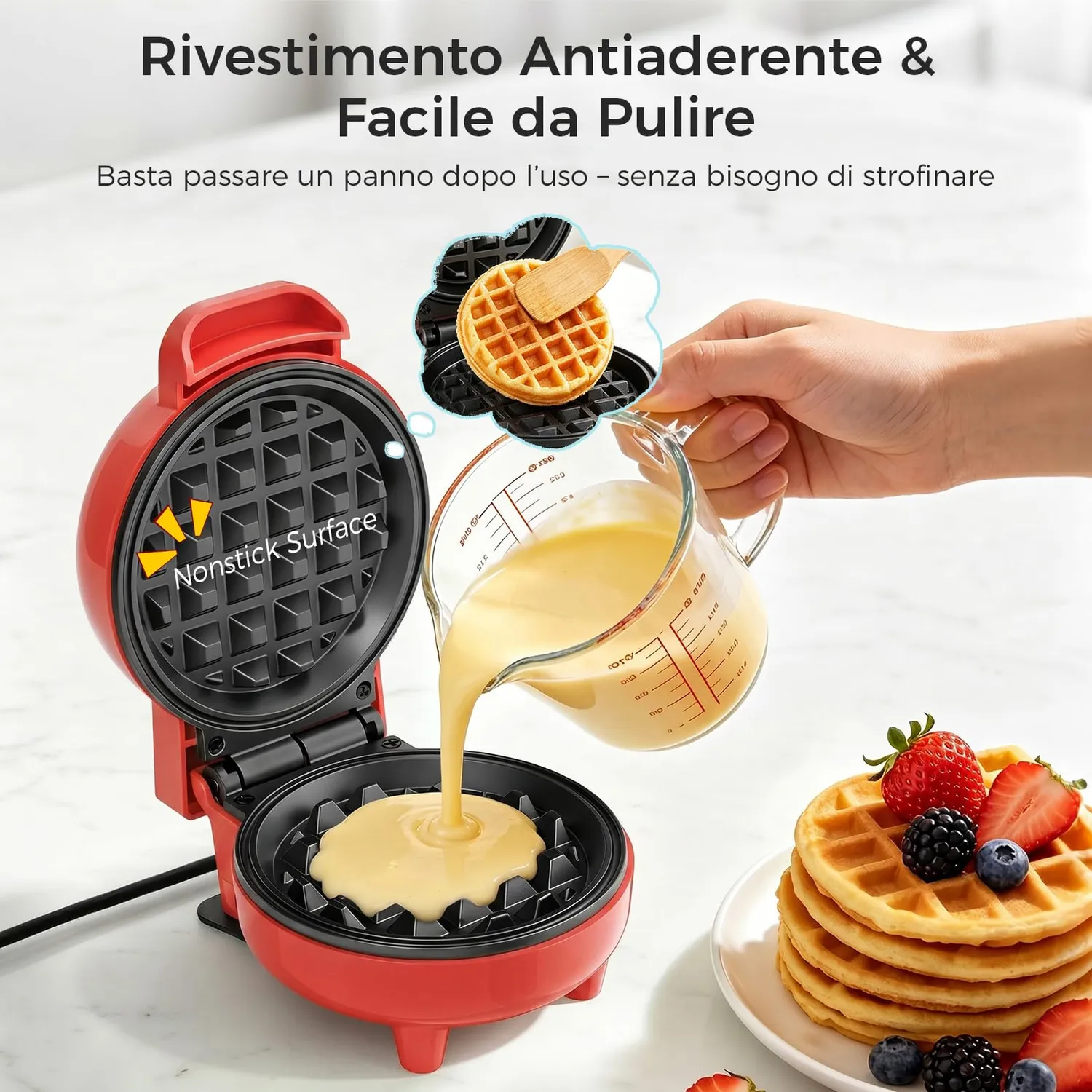 Yashe mini piastra waffle 550W rossa 10cm antiaderente