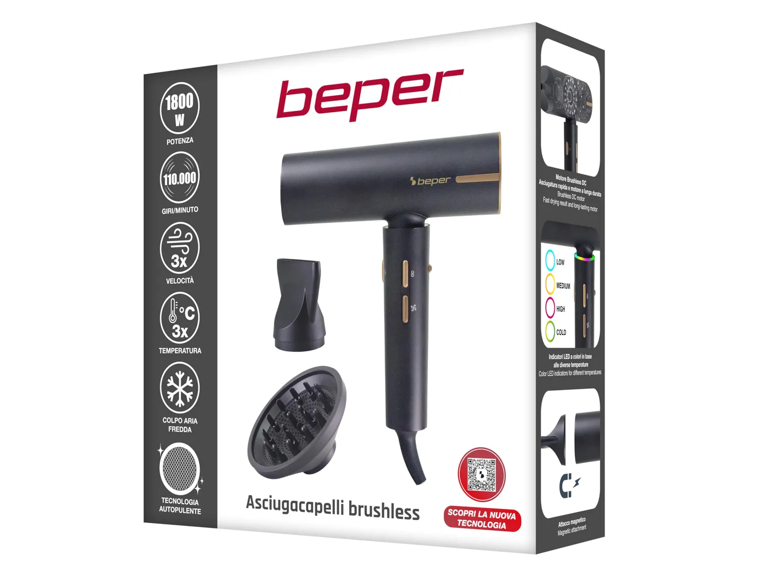 Beper P301ASC010 asciugacapelli brushless 1800W con diffusore