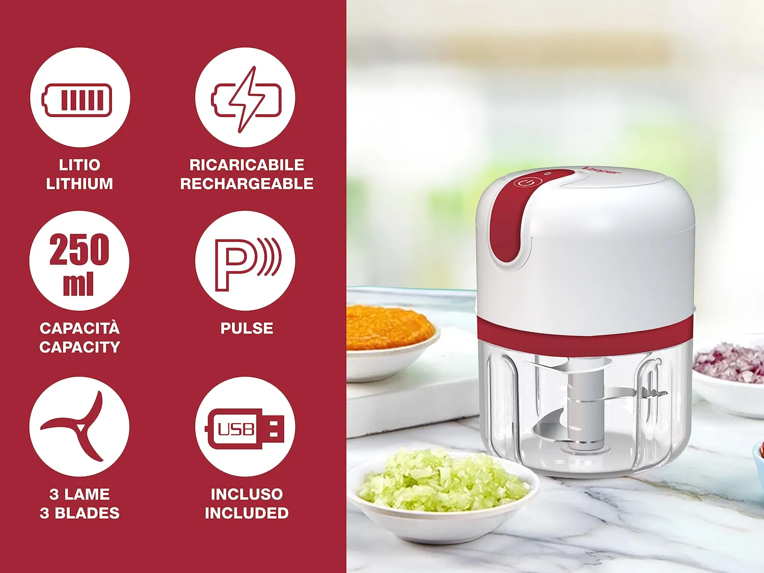 Beper P102ROB050 tritatutto ricaricabile USB 250 ml rosso