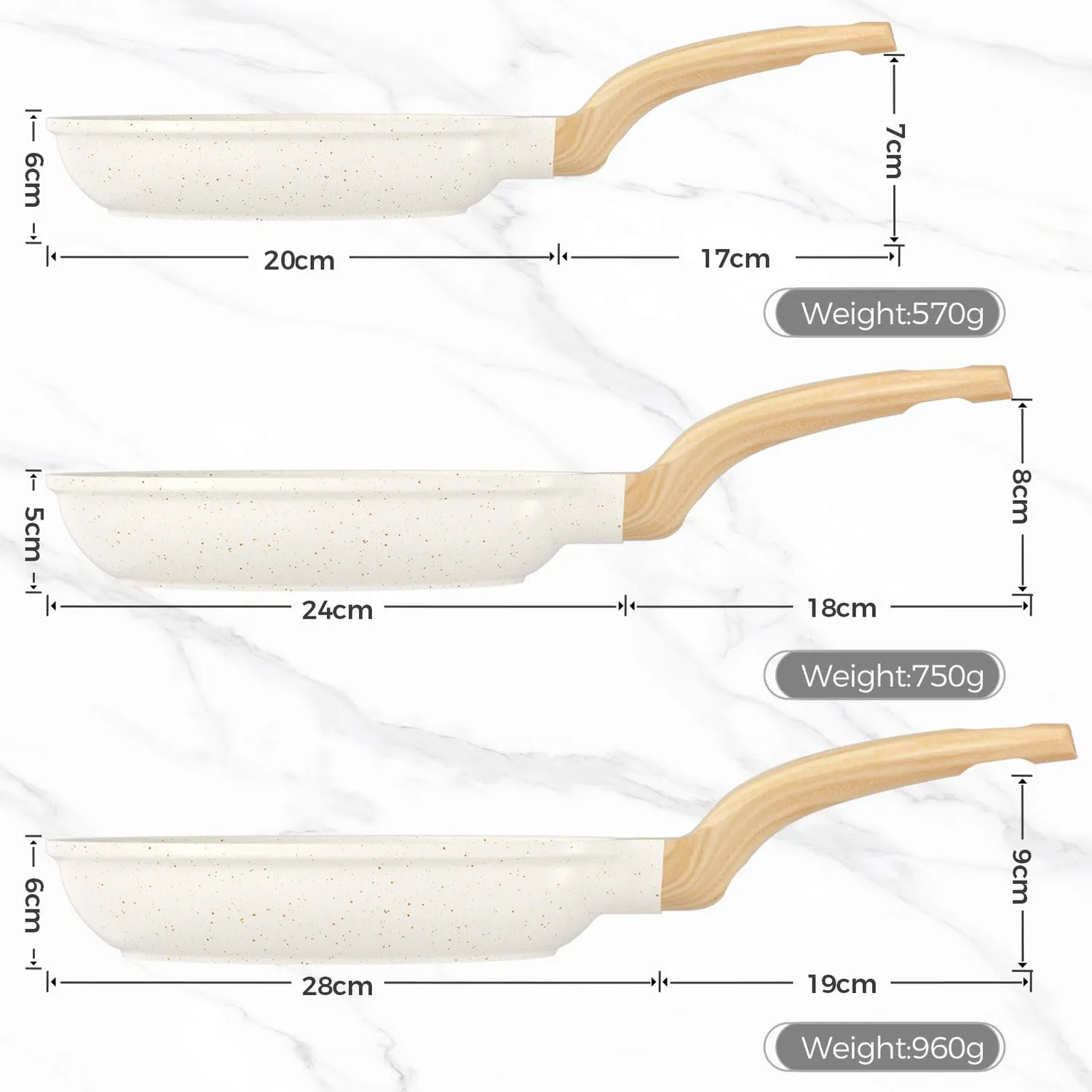 Yashe set 3 padelle antiaderenti 20-24-28 cm granito
