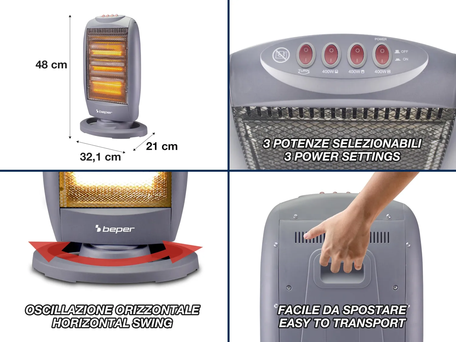Beper P203PAN011 Pannello Radiante Alogeno 1200W Oscillante