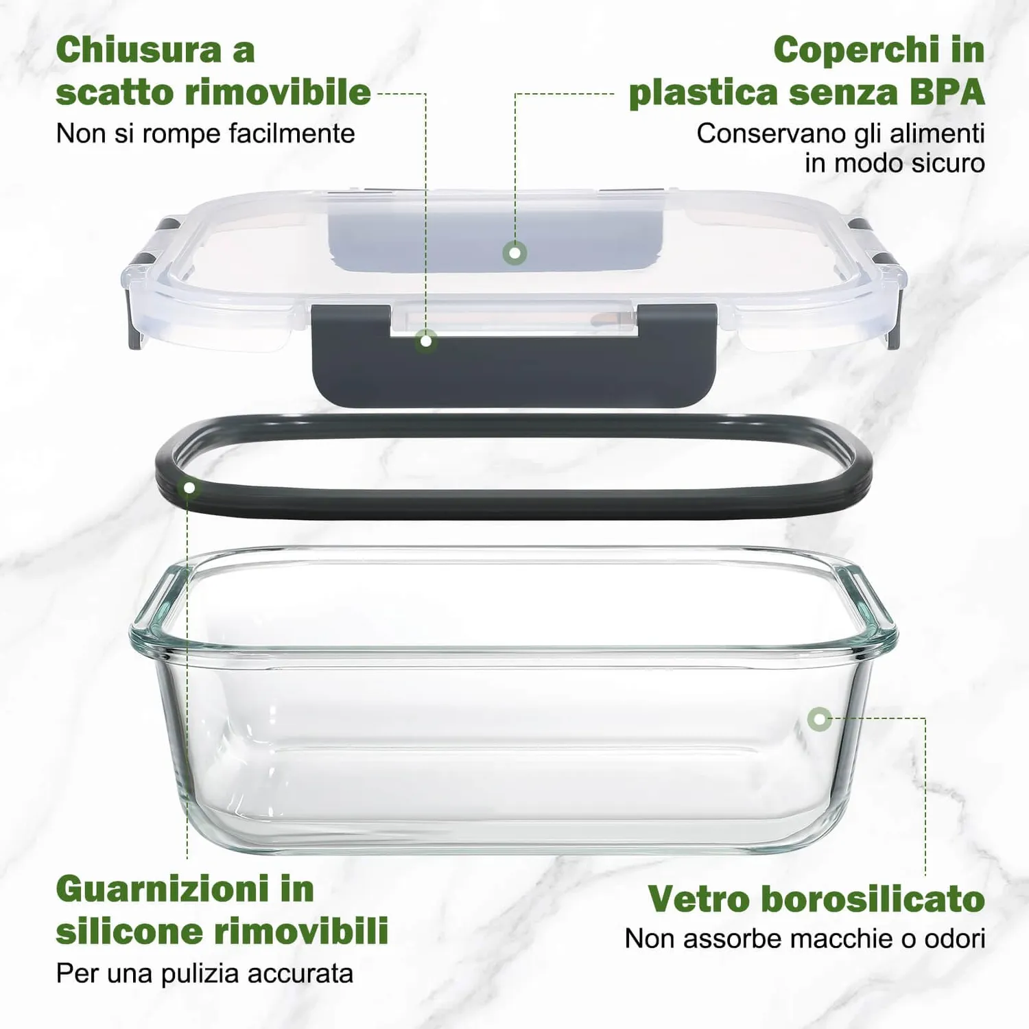 Yashe Set 12 Contenitori Vetro Alimenti Grigio Ermetici